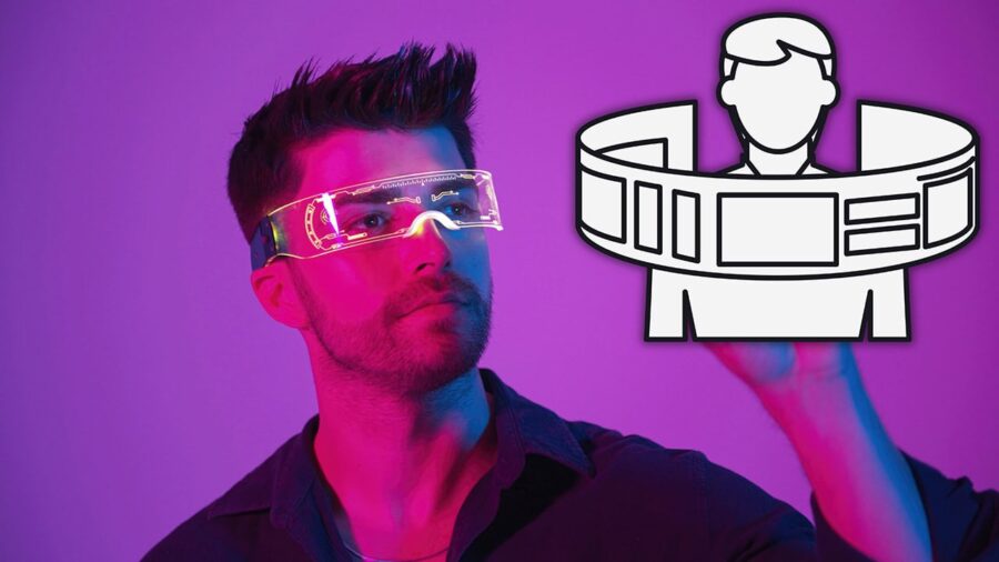 A symbol of augmented reality alongside someone wearing a headset for it.